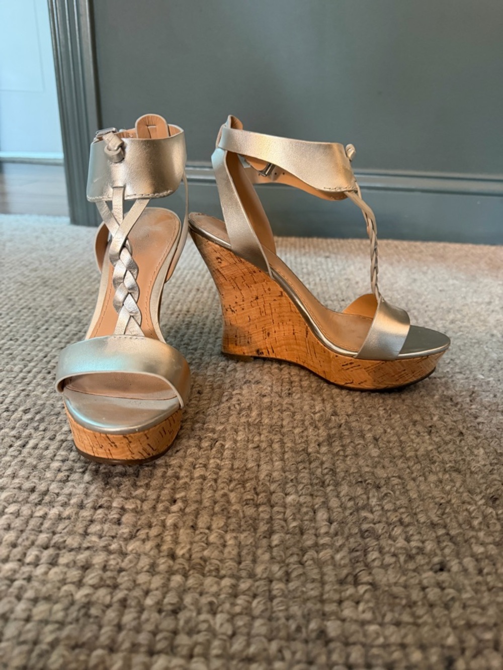 Belle by Sigerson Morrison Metallic Silver Cork Wedge Sandals
